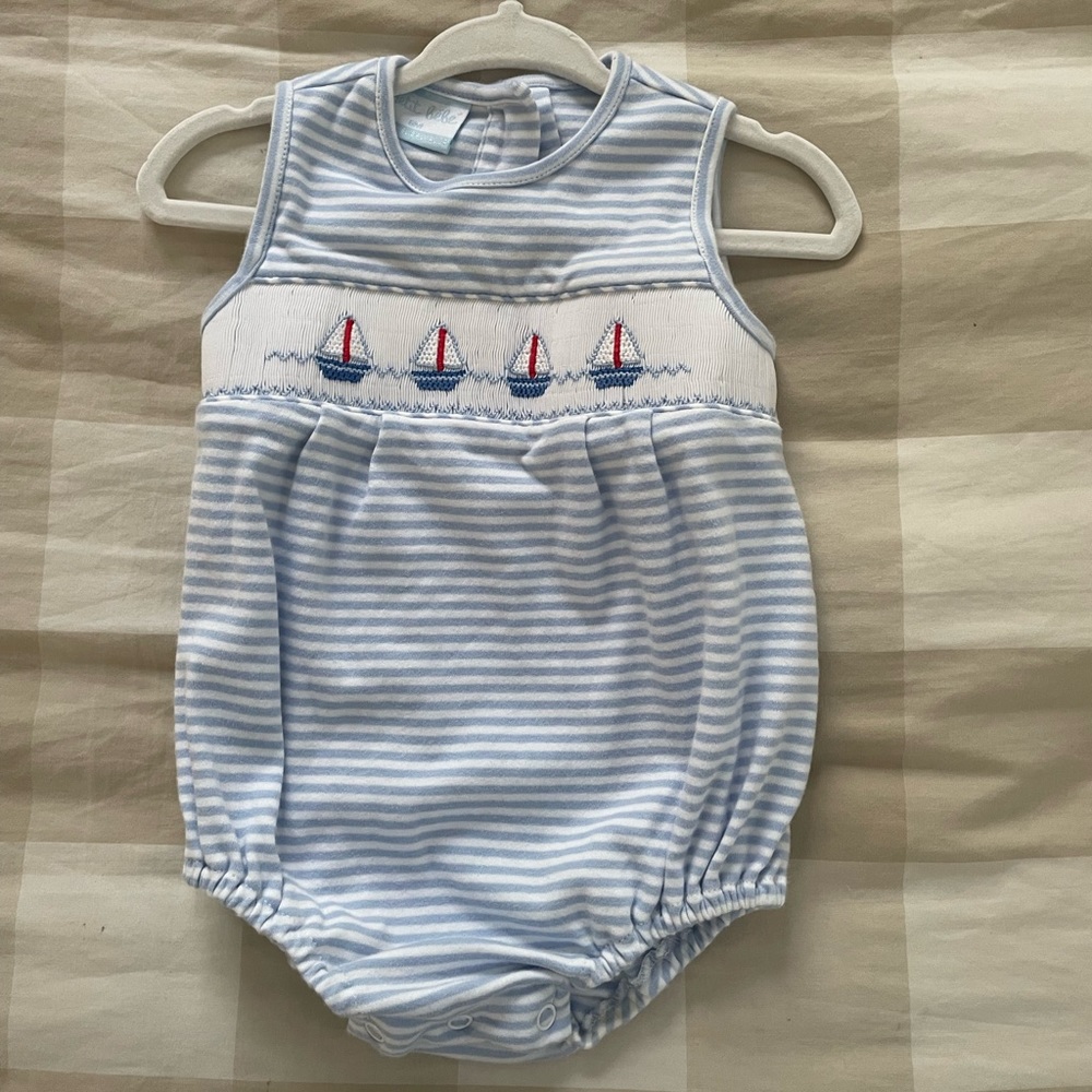 Petit Bebe Blue Striped Smocked Sailboats Cotton Bubble size 6 months
